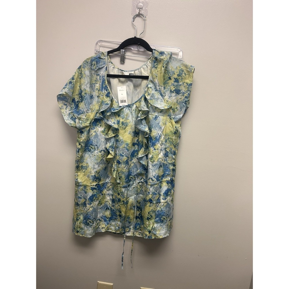 Banana Republic Top Womens XL Blue YellowFloral Casual Career Sheer Ruffle Shirt